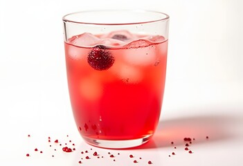 Summer sweet cherry drink with a splash of falling ice on a white wooden background.
