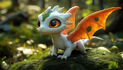 A cute baby dragon with big eyes, smiling and looking at the camera, forest background