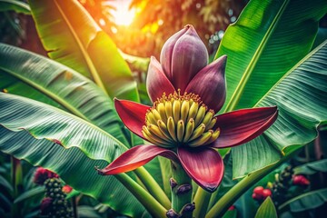 Vintage Style Photo: Delicate Banana Blossom on Lush Green Background