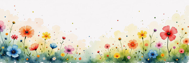 Watercolor wildflower meadow in vibrant colors with a soft green background

