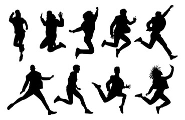 Silhouettes of different business people jumping for joy, celebrating success. Excited female and male characters black Vector illustrations isolated on transparent background 