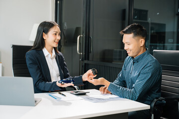 Capturing a cheerful business consultation scene with smiling professionals, perfect for illustrating corporate success, teamwork,