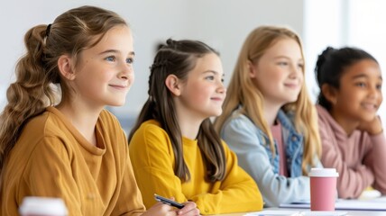 Obraz premium A group of young girls attentively listening during a classroom session, showcasing engagement and camaraderie.