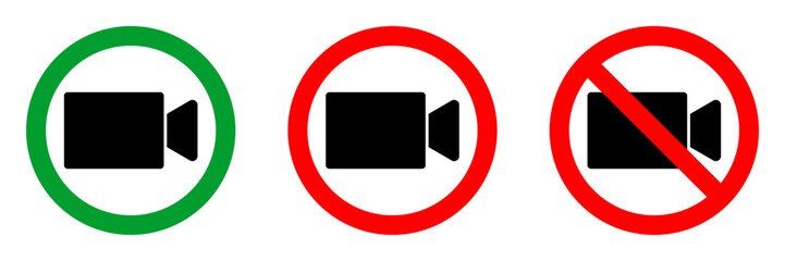 video recording or streaming not allowed red circle sign, green allowed round vector icon, 3 pictogram collection