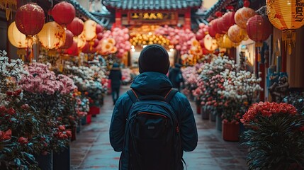 A backpacker admiring Chinese New Year decorations at a cultural landmark, surrounded by lanterns and flowers, reflecting on the celebration alone.