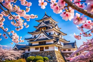 Majestic Hikone Castle Springtime Panorama, Japan - Clear Blue Sky, High-Resolution Stock Photo