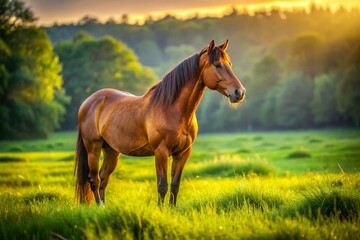 Majestic Horse Grazing in Sunny Pasture - Rural Idyll Stock Photo