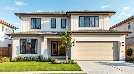 Fototapeta premium Luxury Modern Two-Story House Exterior: Dream Home in a Beautiful Suburban Neighborhood