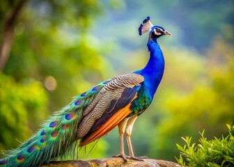Obraz premium Majestic Indian Peacock, Side Profile with Plume, Brown Rump Feathers, Wildlife Photography