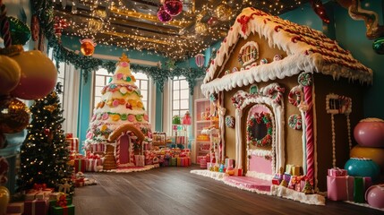 A beautifully decorated gingerbread house with colorful icing, candy decorations, and a festive atmosphere, perfect for Christmas-themed photo shoots