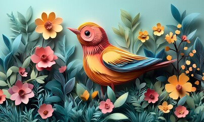 Fototapeta premium paper cut illustration of colorful paper bird,grass and flowers