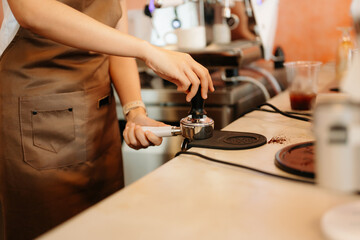 Startup successful small business owner sme woman stand with tablet  in cafe