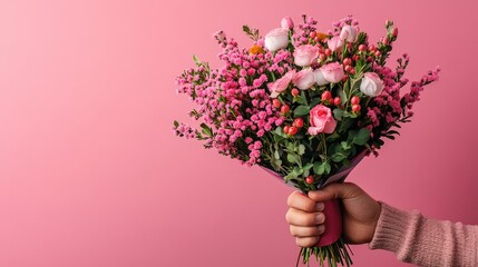 Person holding a colorful bouquet of flowers in a bright outdoor setting with greenery in the background valentine day