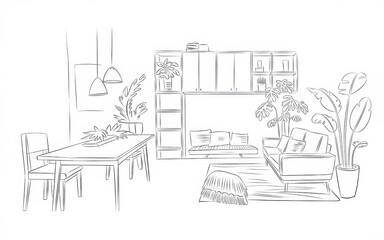 Obraz premium Modern Living Room Sketch With Plants And Furniture