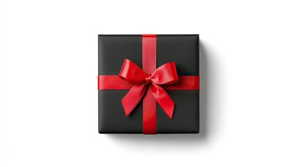 A beautifully wrapped black gift box with a bright red bow, ideal for holiday celebrations, Black Friday promotions, or luxurious branding.
