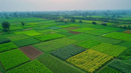 Aerial view of vibrant agricultural fields rural landscape nature scene peaceful environment green and yellow crops