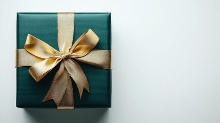 A beautifully wrapped green gift box tied with an elegant gold ribbon and finished with a perfect bow, isolated on white.