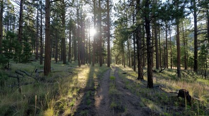 Fototapeta premium Sunlight filters through tall trees along a forest path, creating a serene natural atmosphere.