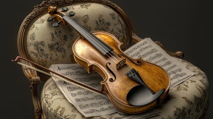 Obraz premium Elegant Violin Resting on Vintage Chair with Sheet Music - A Study in Classical Music Ambiance