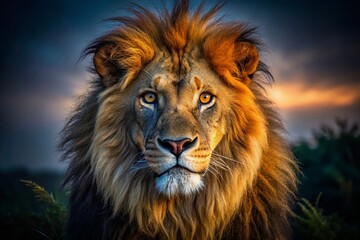 Fototapeta premium Majestic Lion Portrait: Dark Background Drone Photography