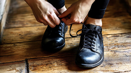 Closeup of a person tying black leather laceup shoes on a rustic wooden floor.  Stylish and intimate, perfect for fashion, lifestyle, or footwear blogs.