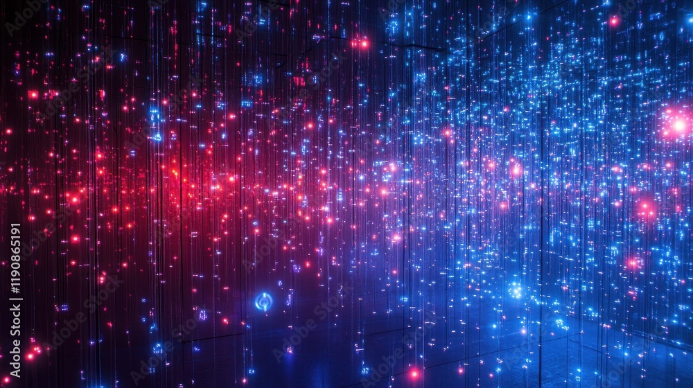 Poster digital circuit board-like structure with glowing blue and red lights, representing data flow, techn