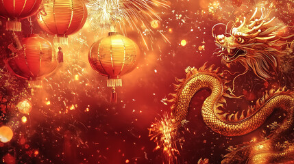 A vibrant Chinese New Year card featuring a dynamic red and gold