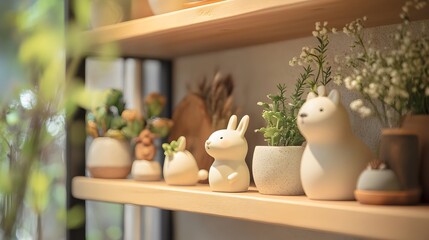 tiny ceramic figurines of animals and plants, Generative AI