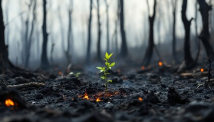 A single green seedling emerges from the charred remains of a forest fire