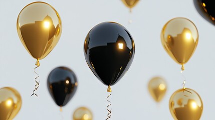 A birthday or anniversary greeting card design featuring floating gold and black D helium balloons on a bright white background.