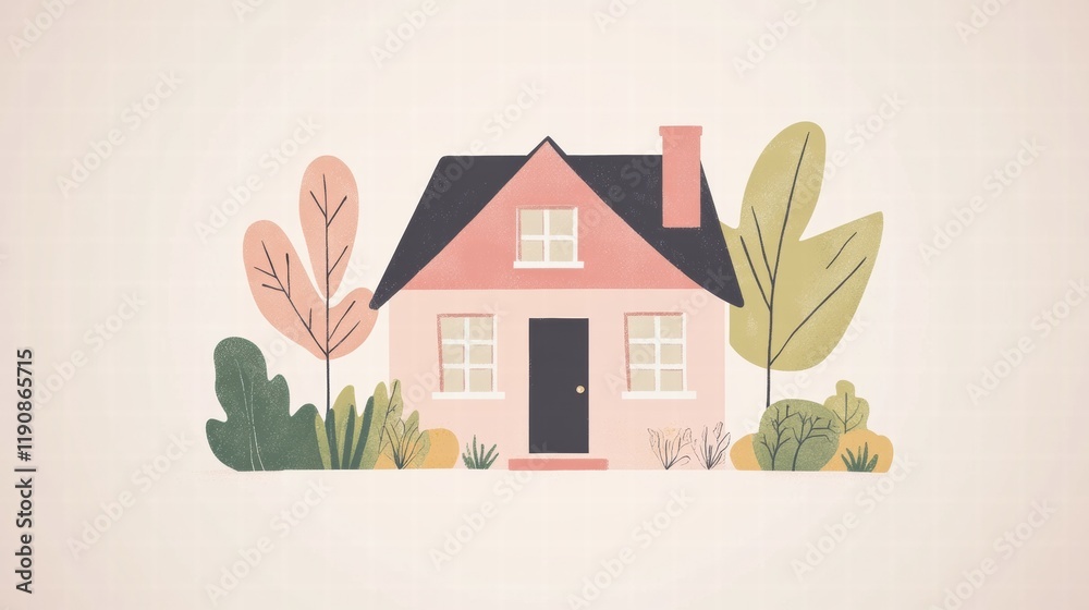 Aufkleber cozy silhouette of a house with a garden surrounded by colorful plants and trees in a warm atmospher