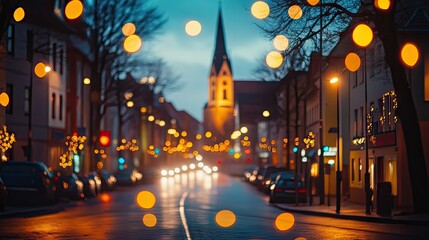A breathtaking view of the illuminated streets near St. Mary's Church in Celle, Germany, with festive Christmas lights shining brightly in the evening