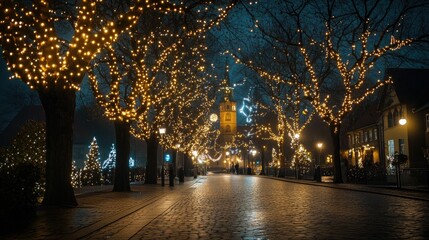A breathtaking view of the illuminated streets near St. Mary's Church in Celle, Germany, with festive Christmas lights shining brightly in the evening