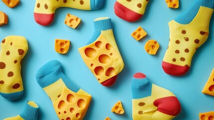 Cheesy socks and cheese cubes on blue background.