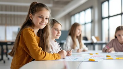Fototapeta premium A group of smiling girls engaged in an art activity at a bright, spacious classroom.