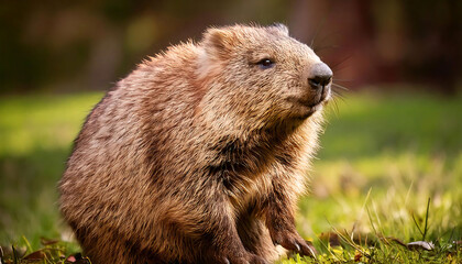 Fototapeta premium Adorable wombat portrait in a natural setting. Soft, golden light highlights its thick fur. Perfect for nature documentaries, wildlife blogs, or children's books.