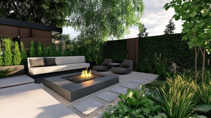 A modern outdoor living space with a fire pit, sofa, and chairs in a lush green setting