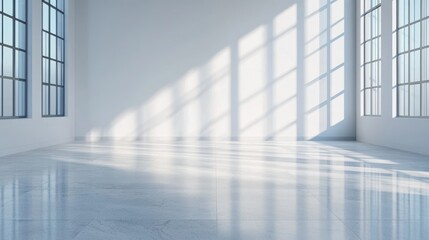 Obraz premium A bright, spacious room with large windows casting shadows on a polished floor, showcasing a minimalist design and modern aesthetic.