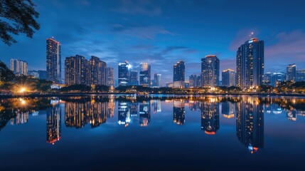 Fototapeta premium A bustling city skyline illuminated by a spectacular Chinese New Year fireworks show, reflecting on nearby water.