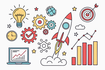 Business icons, digital disruption, innovation symbols, colorful flat design, lightbulbs, gears, rockets, cloud computing, data analytics, networking, growth charts, technology concepts, idea generati