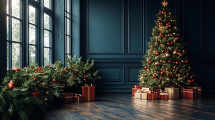 Elegant Christmas Tree with Festive Decorations. Generative AI