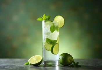 Cold mojito drink, glass of icy alcohol refreshing booze, tasty Cuban alcoholic cocktail made of fresh mint leaves and lime fruit, food and beverage still life, party and holidays celebration
