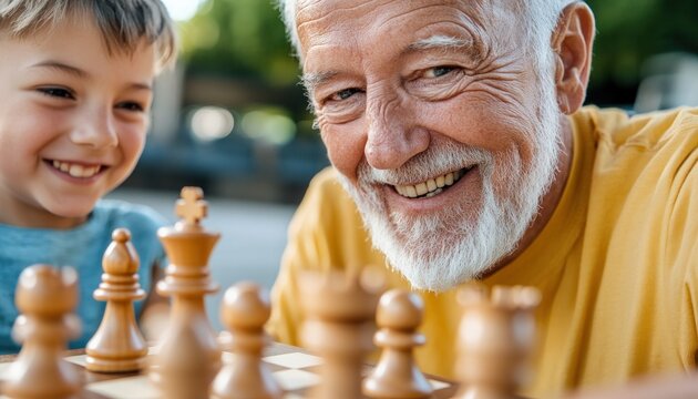 An elderly man radiating warmth, sharing a joyous chess game with his grandchild their laughter and shared focus create a heartwarming scene of intergenerational bonding This image captures the love