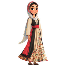 Illustration of a female cartoon character in a traditional Turkish village dress, with a patterned long skirt, a blouse, and a headscarf