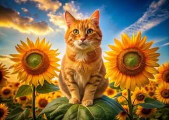 Obraz premium Whimsical Drone Shot: Orange Tabby Cat Balanced on Giant Sunflower