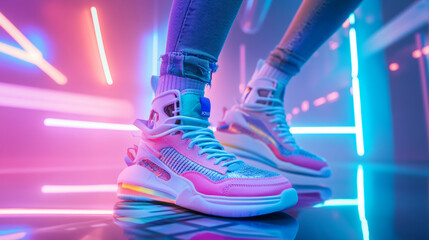 Futuristic sneaker showcase urban studio fashion photography neon environment close-up view style concept