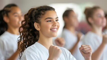 Obraz premium A group of young girls in white shirts practicing a joyful activity, showcasing enthusiasm and teamwork in a lively environment.