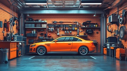 A car service garage flyer with professional tools and vehicles