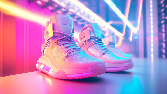 Dynamic sneaker showcase urban setting photography vibrant neon environment close-up view fashion concept