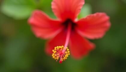 Obraz premium Close-up shot of a vibrant red hibiscus flower with yellow pollen, on green background
